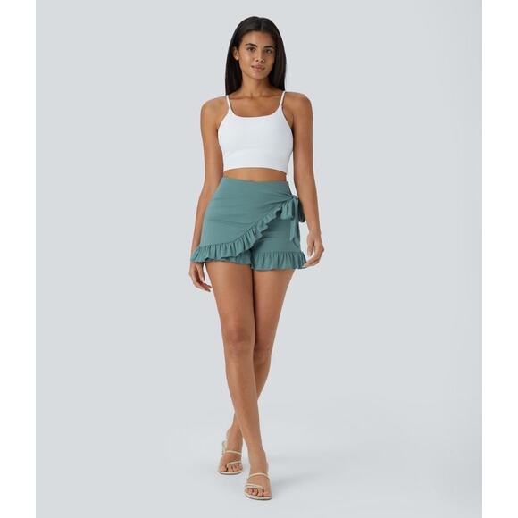 NEW Halara Teal High Waisted Tie Side Ruffle Hem Flowy Casual Comfy Shorts XL - Picture 6 of 10
